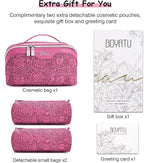 BOYATU Travel Makeup Bags Cosmetic Organizer Bag: 3 Pcs Set Large Capacity Floral Make up Bag with Compartments - Waterproof Leather Toiletry Bags with Handle for Women (20-Red)
