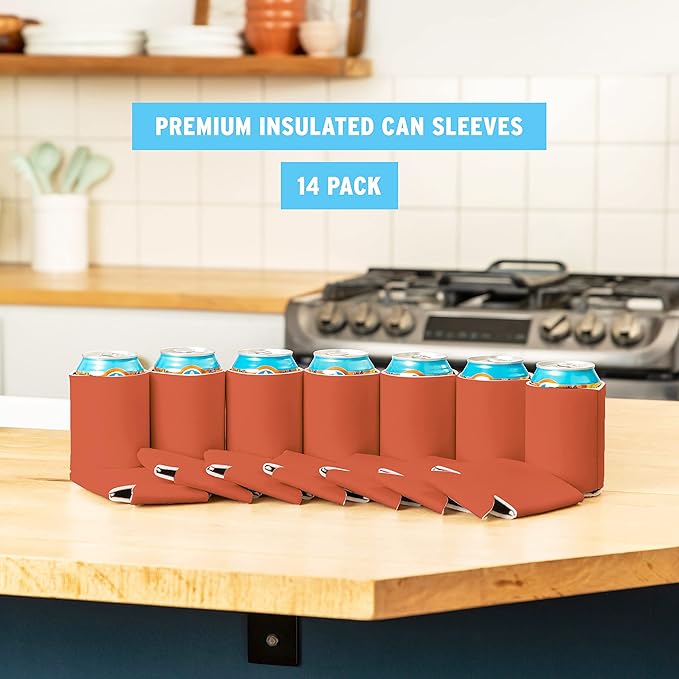 Blank Beer Can Coolers Sleeves (14-Pack) Insulated Beer Can Cooler Sleeves - HTV Friendly Plain Can Sleeves for Soda, Beer Cans & Bottles - Blanks for Vinyl Projects & Wedding Favors (Burnt Orange)