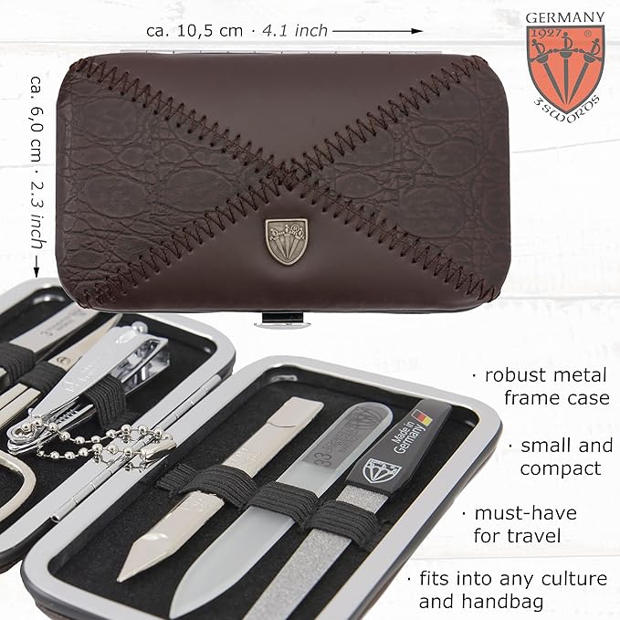 3 Swords Germany - Brand Quality 6 piece Manicure Pedicure Grooming kit Set - Scissors, Metal and Glass Nail File, Clipper, Tweezers with Synthetic Leather case - Brown