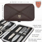 3 Swords Germany - Brand Quality 6 piece Manicure Pedicure Grooming kit Set - Scissors, Metal and Glass Nail File, Clipper, Tweezers with Synthetic Leather case - Brown