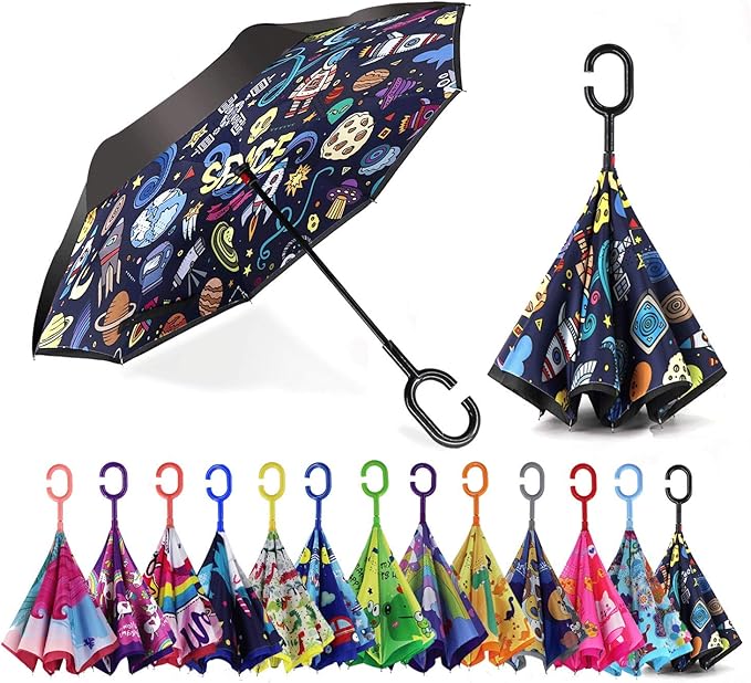 MRTLLOA 40/49/56 Inch Oversize Windproof Inverted Reverse Upside Down Umbrella, Golf Size Rain Umbrella, Double Layer, C-Shaped Handle for Men, Women and Kids
