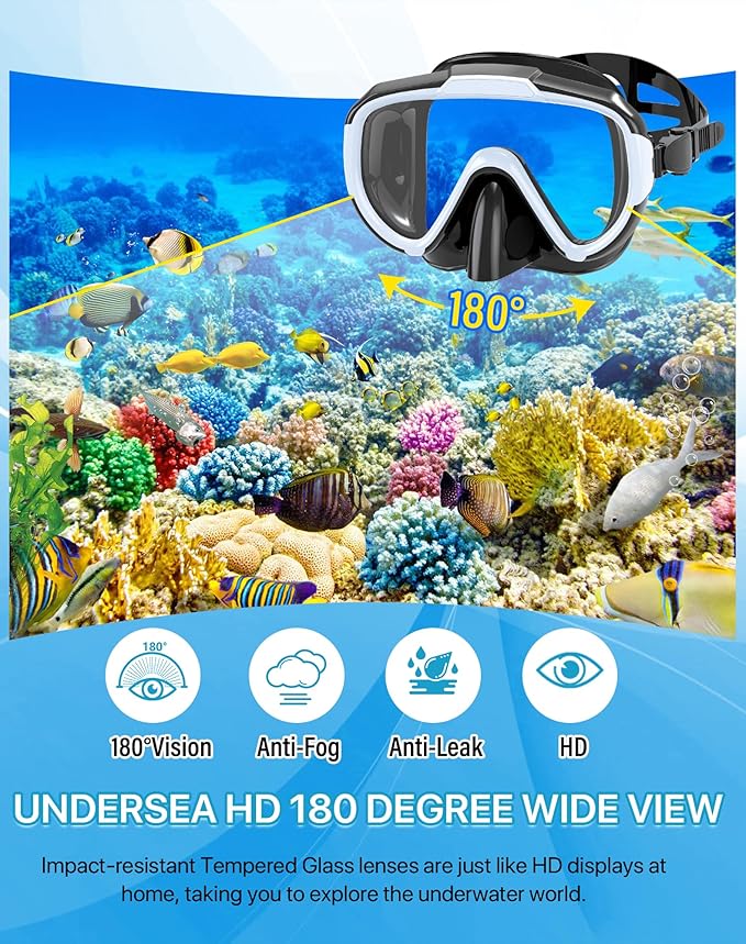 Ubekezele Snorkeling Gear for Adults Men Women,4 in 1 Snorkel Set with Panoramic View Diving Mask Anti-Fog Anti-Leak,Dry Top Snorkel,Fins and Travel Bag for Swimming,Snorkeling and Travel Diving