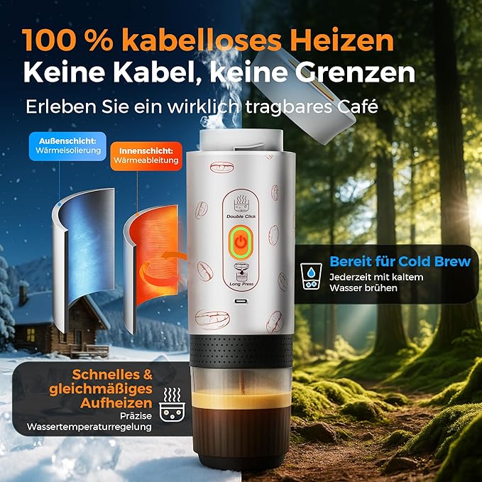 Portable Espresso Machine, 3-in-1 Travel Coffee Maker with Self-Heating, Battery Operated 20Bar Wireless Portable Espresso Maker Compatible with Ground Coffee & Capsule for Camping, Car, Office