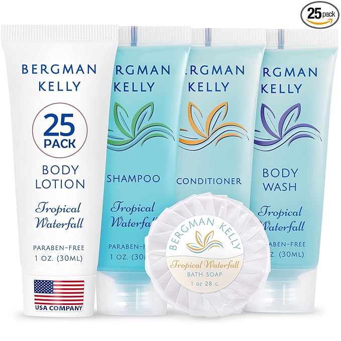 BERGMAN KELLY - Hotel Toiletries Bundle - Tropical Waterfall, 1 oz each, 125 Pieces - 5-Piece Set: 25 each Round Bar Soap, Shampoo, Conditioner, Body Lotion & Body Wash - Bulk Mini Guest Amenities