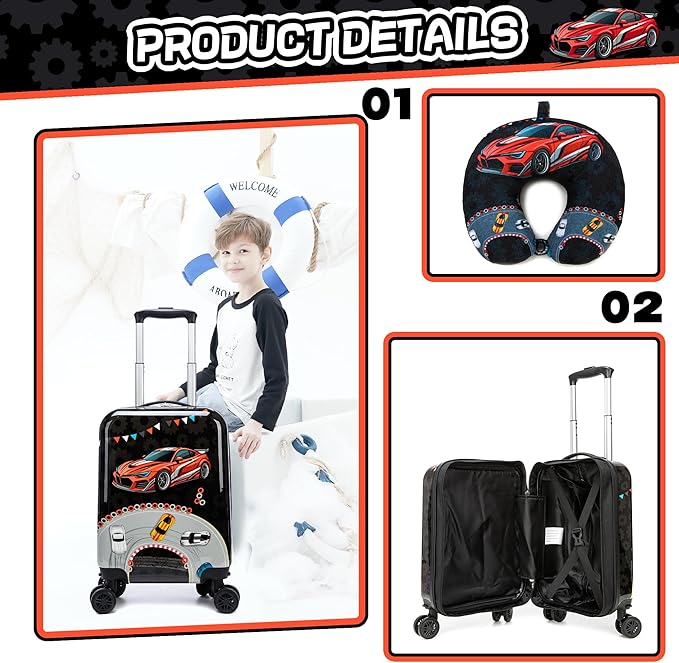 Kids Luggage Set 5 Piece 16'' Hardside Spinner Wheels Travel Suitcase Carry On Airline Approved Black Car