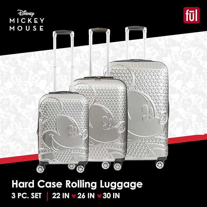 FUL Disney Mickey Mouse 3 Piece Rolling Luggage Set, Hardshell Suitcases with Spinner Wheels, 22/26/30 Inch, Silver