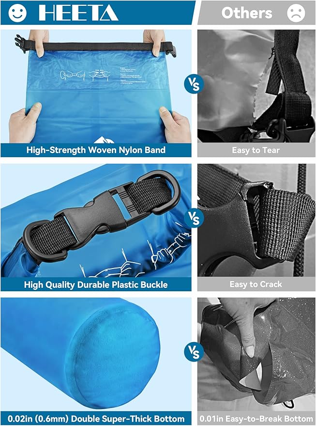 HEETA Dry Bag Waterproof for Women Men, 5L/10L/20L/30L/40L Roll Top Lightweight Dry Storage Bag Backpack with Phone Case for Travel Swimming Boating Kayaking Paddle Board Camping Beach Accessories