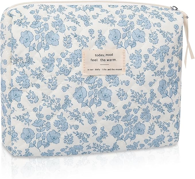Gosect Large Makeup Bag, Cute Cosmetic Bag for Women Girls, Floral Coquette Aesthetic Toiletry Bag, Travel Make Up Organizer Bag(Blue Floral)