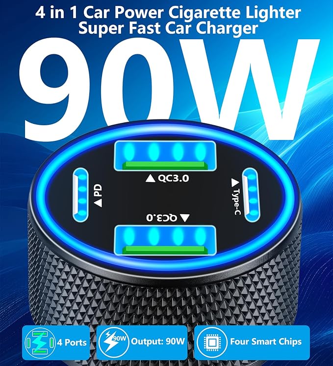 [Apple MFi Certified] iPhone 17 Car Charger, KYOHAYA 90W 4-Port Dual USB-C&USB-A Power Cigarette Lighter PD/QC3.0 UBS-C Car Charger with Type-C Braided Cord for iPhone 17/17 Pro/16 Pro/15/Galaxy/Pixel