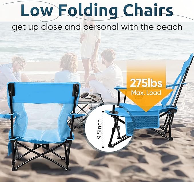 HaSteeL Folding Beach Chair Set of 3, Foldable Blue Camping Chairs & Grey Table for Outside, Low Beach Chair Portable for Adults Fishing, Picnic, Outdoor BBQ, Travel, Sports, Cup Holder & Storage Bag