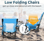 HaSteeL Folding Beach Chair Set of 3, Foldable Blue Camping Chairs & Grey Table for Outside, Low Beach Chair Portable for Adults Fishing, Picnic, Outdoor BBQ, Travel, Sports, Cup Holder & Storage Bag