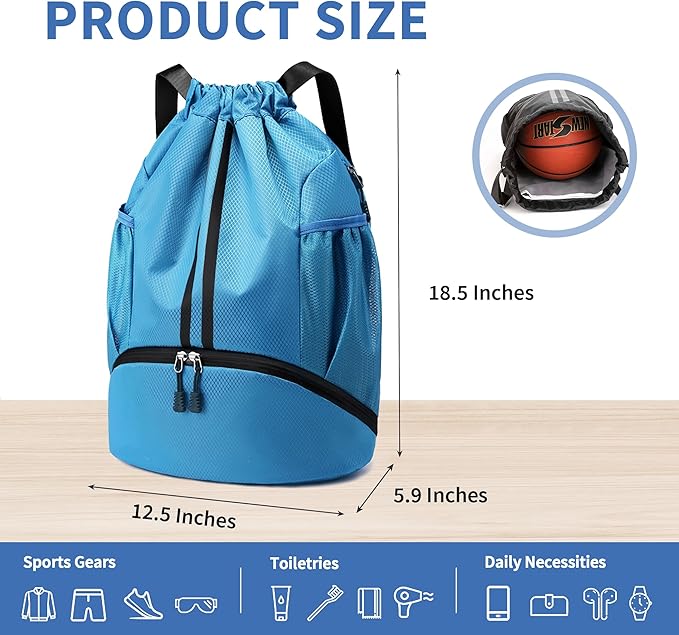 JELUTAR Drawstring Backpack Gym Bag with Shoes Compartment for Soccer, Basketball, Swim, Water-Resistant String Backpack Beach Cinch for Women Men, Sky Blue