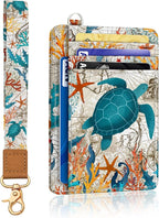 Yonlevres Sea Turtle Credit Card Holder Slim Wallet, RFID Wallet Women Front Pocket Wristlet Lanyard, Small Card Holder Travel Cute Thin ID Window PU Leather Funny Case Organizer Gifts Girls