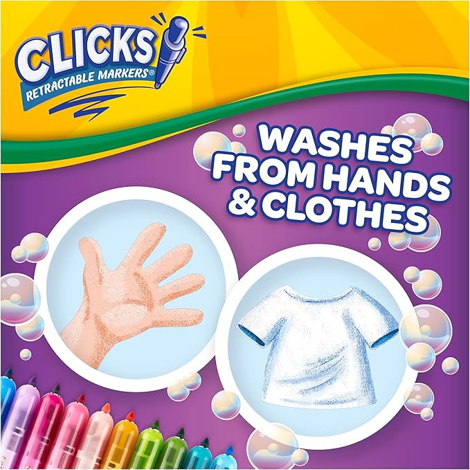 Crayola Clicks Retractable Markers Bold (10ct), Teacher Classroom School Supplies, Spring Crafts, No Dry Washable Markers for Kids