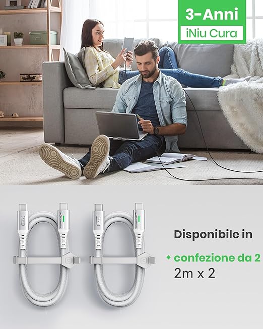 INIU USB C to USB C Cable [6.6ft, White, 2-Pack], 100w USB C to C Fast Charging Cable for iPhone 17 16 15 Pro Max Samsung S25 S24 Ultra Laptops MacBook iPad Air Switch etc.