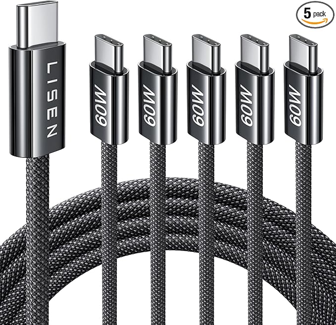 LISEN USB C Cable, 5-Pack [6.6FT] USBC to USBC Cable for iPhone 16e 15 Pro Max Charger Cord, 60W (3.1A) C to C Cable Fast Charging for Samsung S25/S24/23, Switch 2, iPad, MacBook,Black