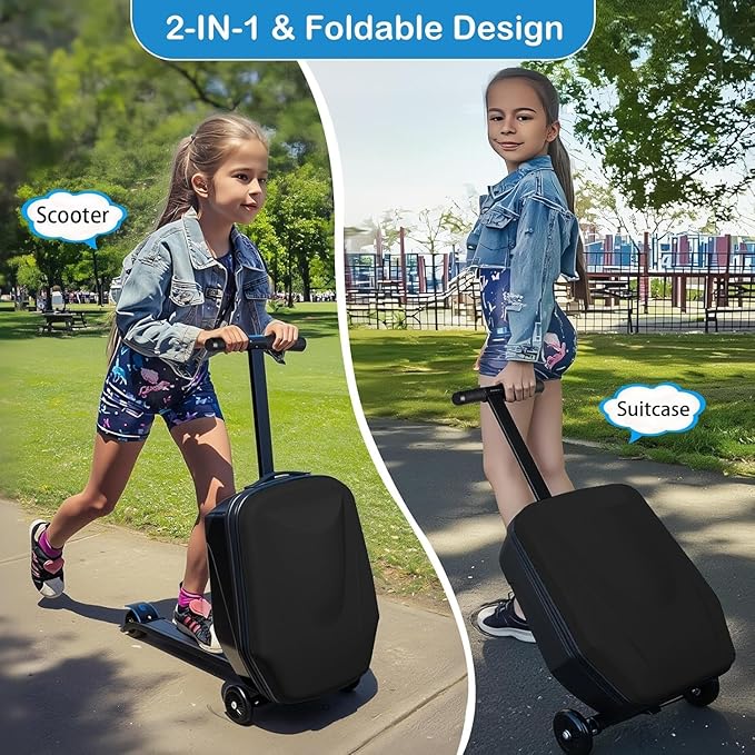 Scooter Suitcase Carry On Hardshell Ride On Suitcase Scooter for Kids Age 4-15, Multifunctional Ride On Lightweight Kids Luggage with Wheels(Black)