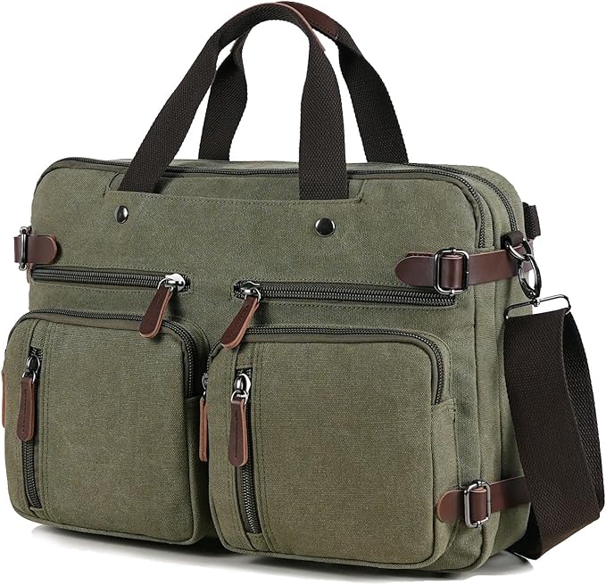 CROCOD 3 In 1 Canvas Convertible Laptop Bag for Men Women, 17.3 inch Laptop Messenger Bag Work Briefcase, Computer Shoulder Bag for Travel Business Office (Green, 17.3 Inch)
