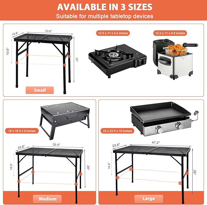 GREGIN Camping Table with Mesh Desktop, Lightweight & Portable Folding Grill Table, Height Adjustable Metal Outdoor Table for Camp, Cooking, BBQ, RV, Picnic-3 FT Black