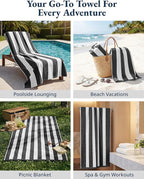 LANE LINEN Beach Towels 4 Pack - 520 GSM, (30" x 60") 100% Cotton Pool Towel for Adults - Thick & Highly Absorbent Extra Large Beach Towel - Super Soft & Quick Dry Cabana Stripe Pool Towel Set - Grey