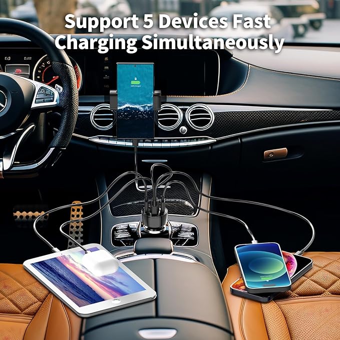 USB C Car Charger Adapter, PD 3.0 Charger, 5 USB QC 3.0 Car Phone Chager Fast Charging for iPhone 17, Galaxy S24 and Other USB Device. (1Pack)