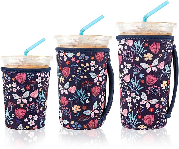 KJQJLY 3 Reusable Iced Coffee Sleeves for Iced Coffee Cups or Drinks Reusable Neoprene Insulated Sleeves for Hot and Cold Drinks from Starbucks, Dunkin, And More (Butterfly Bush)