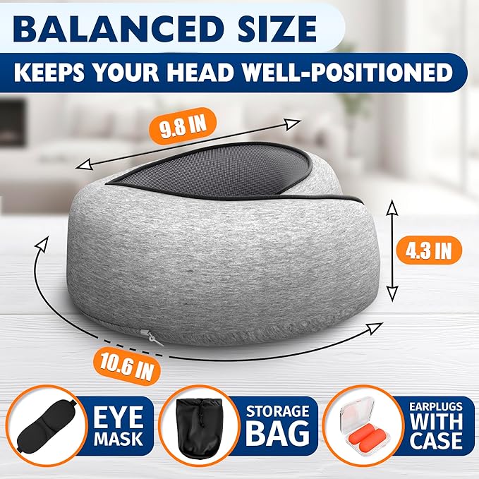 Travel Neck Pillow – 4-in-1 Set | Adjustable Memory Foam Airline Pillows for Sleeping on Long Flights, Earplugs, Eye Mask, & Cover | Cotton Cover, Hook-and-Loop Closure – Car and Train Use, G-Shaped