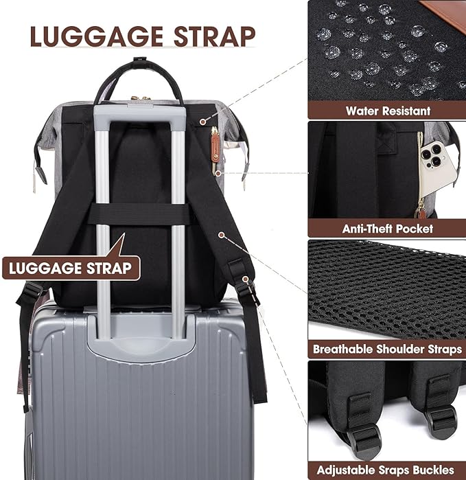 Laptop Backpack for Womem Work Bags: 18 Inch Travel BackPacks With USB Charging Port Anti Theft Durable Back Pack Fashion College BookBag Purse Bussiness Daypack for Nurse Teacher Black Grey Brown