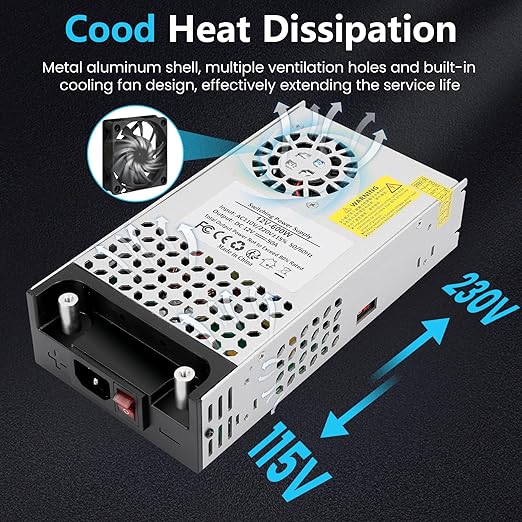 110V AC to 12V DC Converter, 12V 50A 600W Power Supply Transformer Adapter SMPS AC to DC Converter Switch Power Supply Max 50A 600W for CCTV Camera Security System Radio 3D Printer