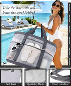 2026 Stylish & Spacious XX-Large Beach Bag for Women – Mesh × Canvas Tote with Top Zipper, 11 Tall Pockets | 40L+ Spacious, 11 Tall Pockets, Zipper Pouch, Secure Zip-Top, Sand-Resistant Base