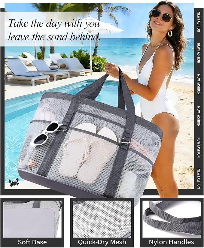 2026 Stylish & Spacious XX-Large Beach Bag for Women – Mesh × Canvas Tote with Top Zipper, 11 Tall Pockets | 40L+ Spacious, 11 Tall Pockets, Zipper Pouch, Secure Zip-Top, Sand-Resistant Base