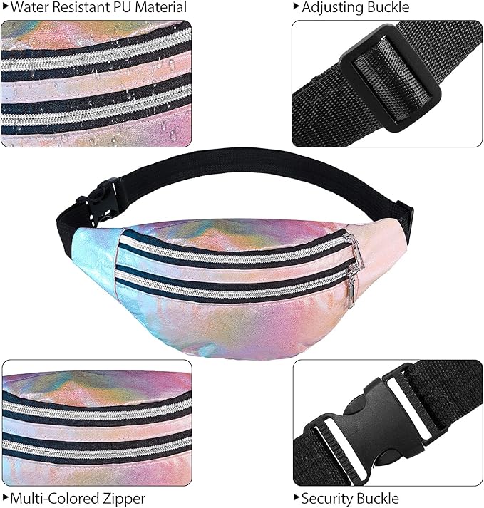 Frienda 2 Pieces Holographic Fanny Pack for Women Colorful Sport Waist Bag Pack