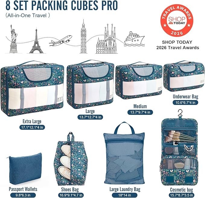 Veken 8 Set Packing Cubes for Travel Essentials, Suitcase Organizer Bags in 4 Sizes, Carry-On Luggage Accessories with Large Laundry & Hanging Toiletry Bag, Must-Have for Airplane, Road Trip & Camping