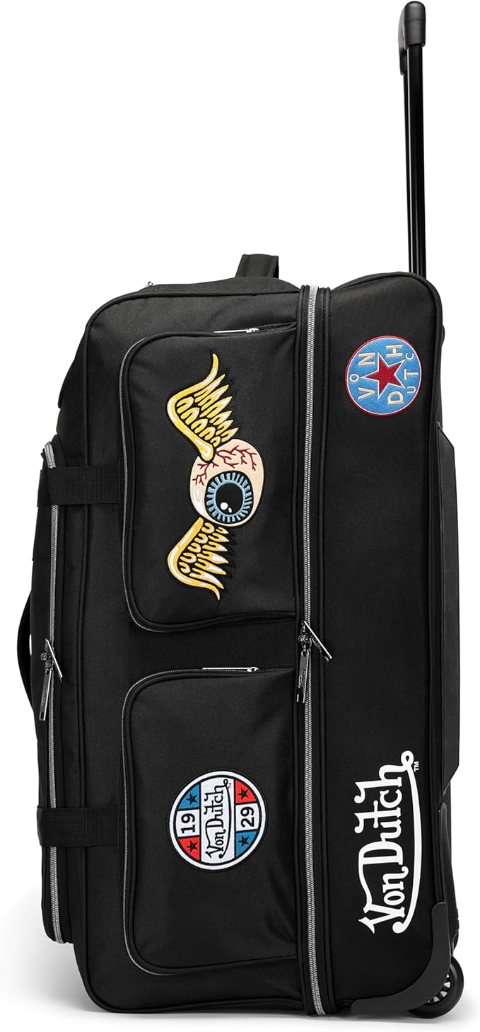 Von Dutch Signature Patch Checked 28-Inch Rolling Duffel with Telescopic Trolley Handle and Inline Skate Wheels