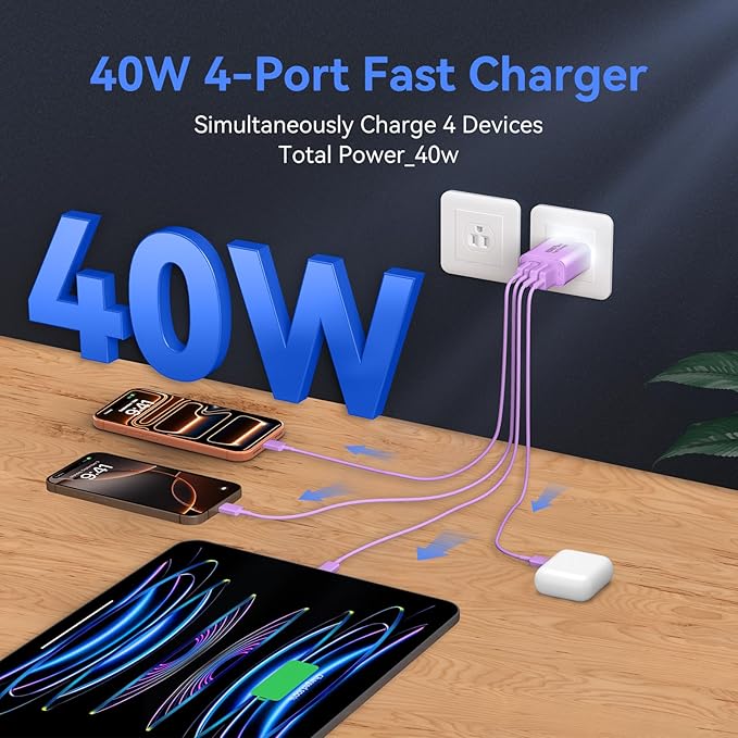 USB C Wall Fast Charger Block, 40W 4-Port Type C Chargers Fast Charging Blocks PD Power Charger Adapter+QC 3.0 USB Multiport Charger Brick for Phone 17/16/15/14/13/12 Pro Max, i-Pad, Galaxy S25-2Pack