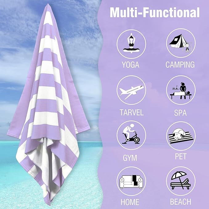 HENBAY Large Oversized Beach Towel - 35 x 70 Inch Microfiber Pool Towel, Purple Striped Quick Dry Cabana Swim Towel