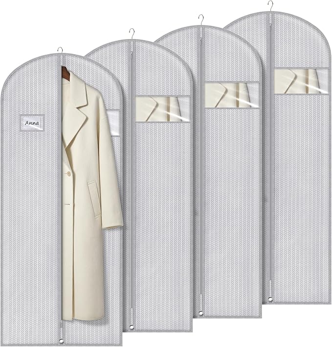 Syeeiex 60'' Dress Bags for Gowns, Set of 4 Garment Bag for Hanging Clothes, Dress Garment Bag, Dustproof and Keep Closet Tidy, Perfect for Suit Evening Dresses Fur Coat Long Dress Gown(Grey Arrow)