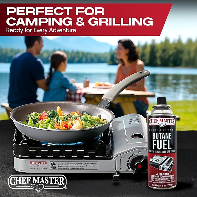 Chef Master 72x 8oz Butane Fuel Canister - Butane Torch Refill & Camp Stove Fuel - Gas Canister for Picnics, Outdoor Cooking, Grilling - Camp Stove, Torch Fuel Camping Essentials - 90340