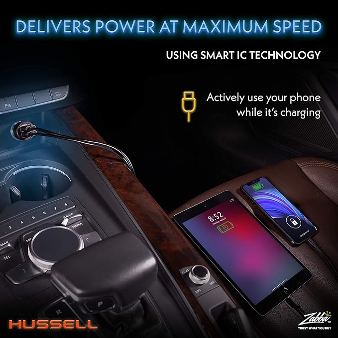WERPOWER Hussell Cigarette Lighter USB Adapter - 12 V Car Charger for Mobile Phone, Navigation Connection to Socket - 2-Port Multiple Plug - Must Have Car Gadget