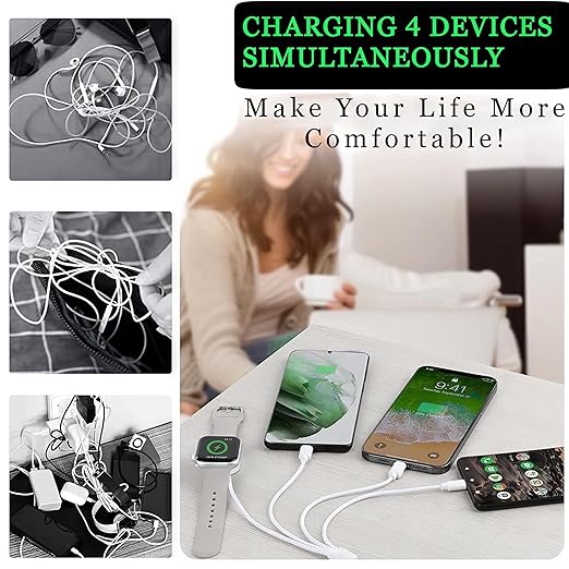 TOP-UP 4 in 1 Watch & Phone Charger Cable – Travel Essentials Multi Charging Cable for Apple Watch, iPhone, USB-C & Micro, Multi Device Charger Cord, 4FT