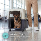 SportPet Airline Compliant XX-LARGE 39" Travel Dog Kennel-Durable Plastic Airline Pet Carrier w/ Removable Wheels & Food Bowls, Collapsible Indoor/Outdoor Dog Kennel, Dogs up to 36"L & 27"H-Cream/Gray