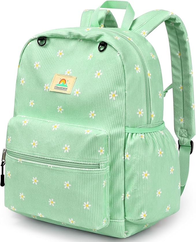 STEAMEDBUN Corduroy Kids Backpack for Girls and Boys 5-8: Girls Backpack for Elementary Kindergarten - 15 inch Cute Backpacks for Kids - Daisy