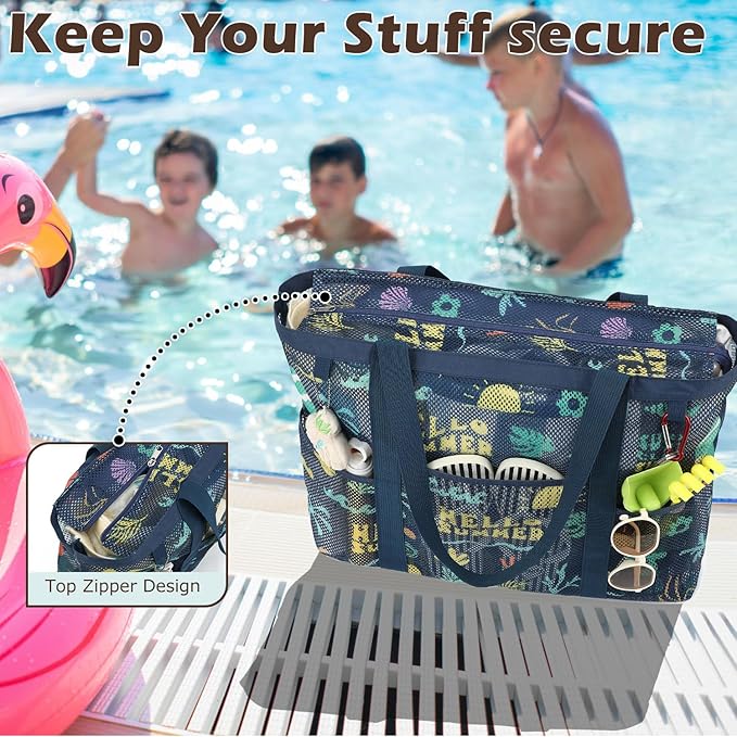 Fammart Mesh Beach Bag with Zipper, Large Beach Tote for Women, Toys Pool Swim Bag Travel Vacation Cruise Essentials