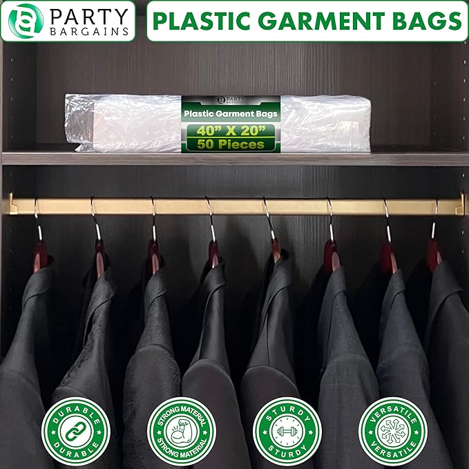 PARTY BARGAINS 40 x 20 Inch Disposable Clear Garment Bags, 100 Pack – Heavy-Duty Plastic Clothes Covers for Suits Dresses Coats, Closet & Travel