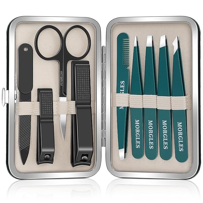 MORGLES Tweezers Set for Eyebrows, 9 Pcs Precision Stainless Steel Tweezers and Professional Nail Clippers Set for Men with Leather Travel Case