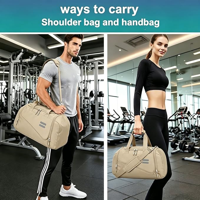 Gym Bag for Men & Women - 30L Duffel Bag with Shoe Compartment, Weekender Water Resistant Duffle Bag for Travel, Sports, Fitness & Workouts, Khaki