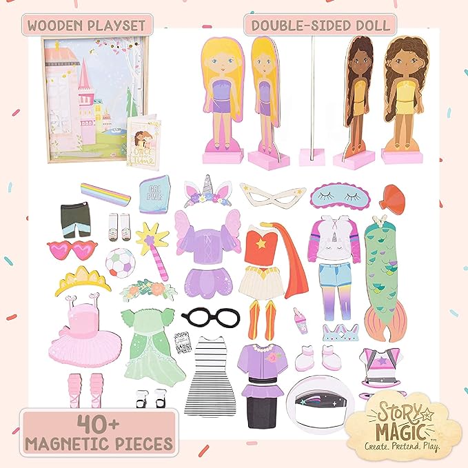 Story Magic Wooden Dress-Up Doll by Horizon Group USA, Dress Up Magnetic Wood Double Sided Doll, Over 40 Outfit and Accessory Pieces, Creative Pretend Play, Perfect for Ages 4+