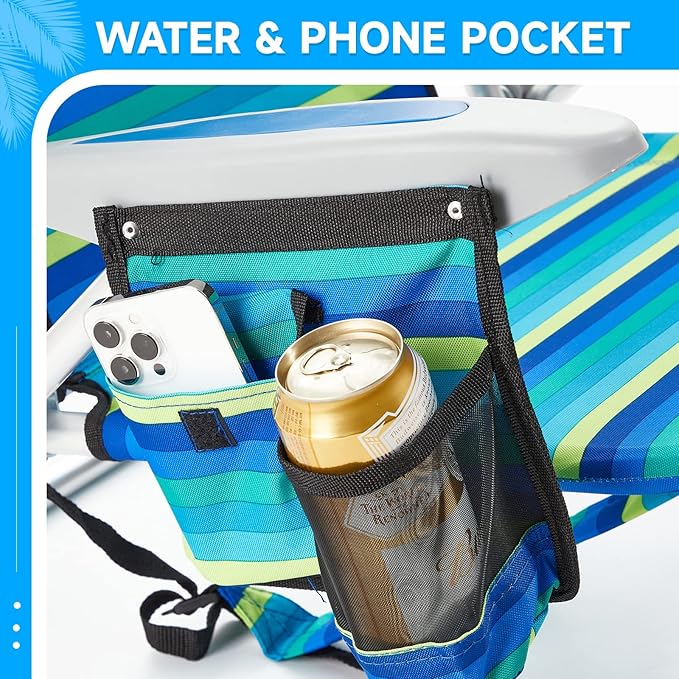 2 Pack Lightweight Portable Camping Beach Chair for Adults, Outdoor Lay Flat Folding Beach Chairs with 5 Positions, Backpack Beach Chair with Towel Bar, Zipper Pouch, Cup Holder, Ocean Striped