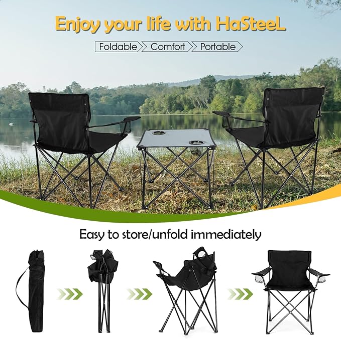 HaSteeL Folding Camping Chair Set of 3, Foldable Black Camp Chairs & Grey Table, Large Lawn Chair Portable for Adults Hiking, Fishing, Picnic, Outdoor BBQ, Travel, Sports, Cup Holders & Storage Bags