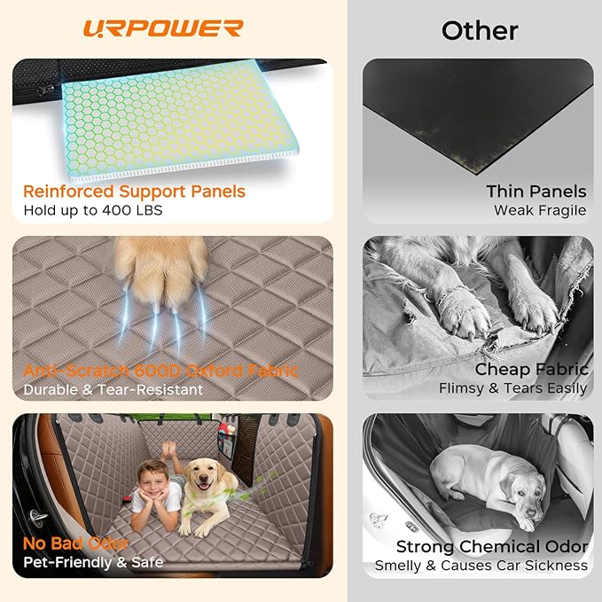URPOWER XL Dog Backseat Extender for Full-Size Crew Cab Truck, Hard Bottom Dog Car Seat Cover for Back Seat Holds 400lbs, Waterproof Dog Hammock Pet Rear Seat Protector Travel Bed for F150 / Silverado